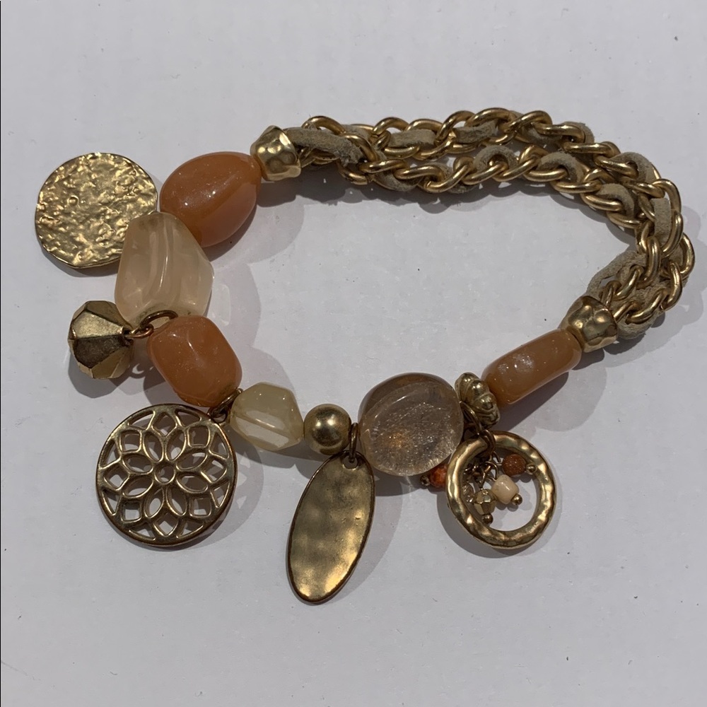Brushed gold look w leather and glass beads 7-8” bracelet